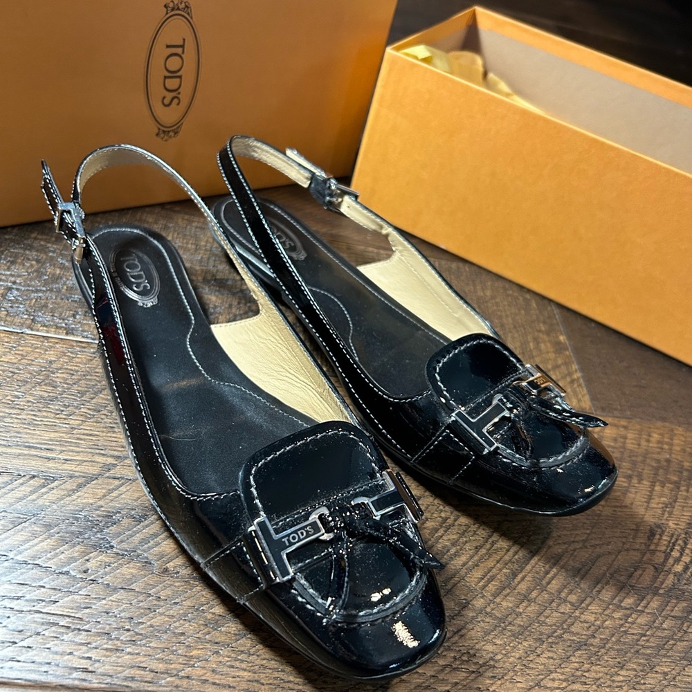TOD’S Biscuit Double T Black Patent Leather Slingback Designer Shoe
